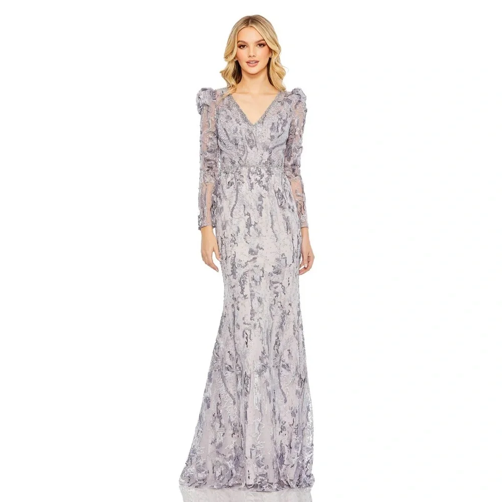 NWT $798 MAC DUGGAL 20425 V-Neck Embellished Puff Sleeve Gown Lilac Dress Purple - Picture 1 of 5